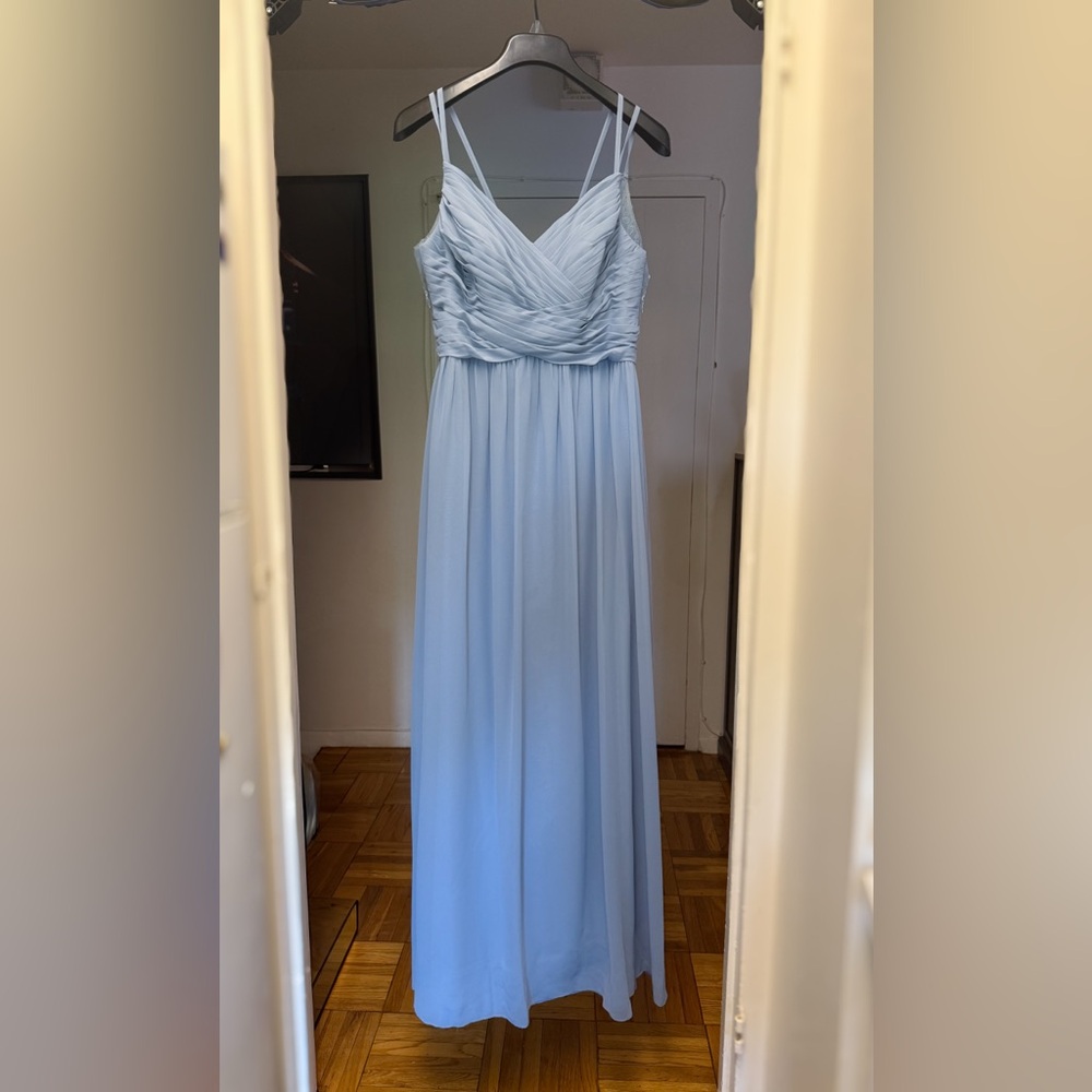 Azazie Dusty Blue Chiffon Bridesmaid Dress A8 Lace Ruched Formal Prom Gown